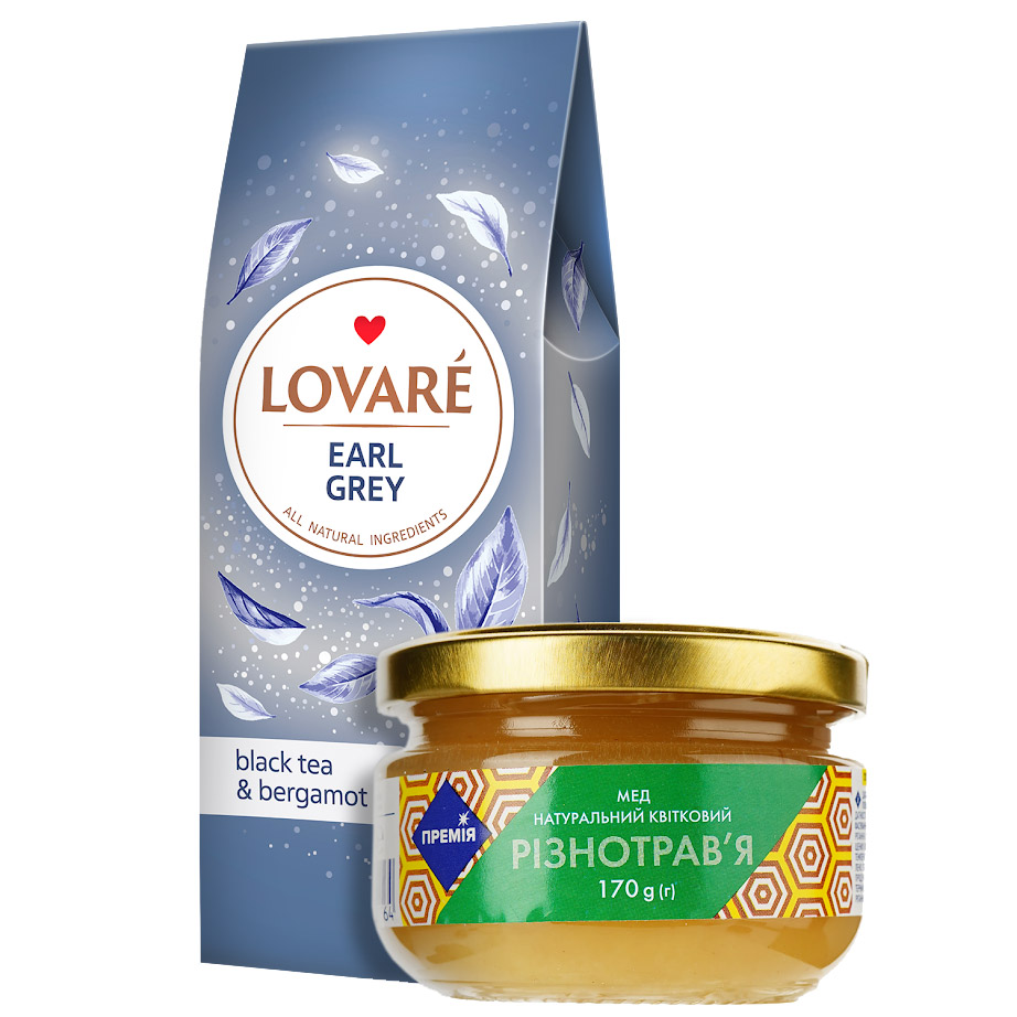 Набор: Чай черный Lovare Earl Grey с бергамотом 80 г + Мед Премія Разнотравье натуральный цветочный 170 г - фото 1