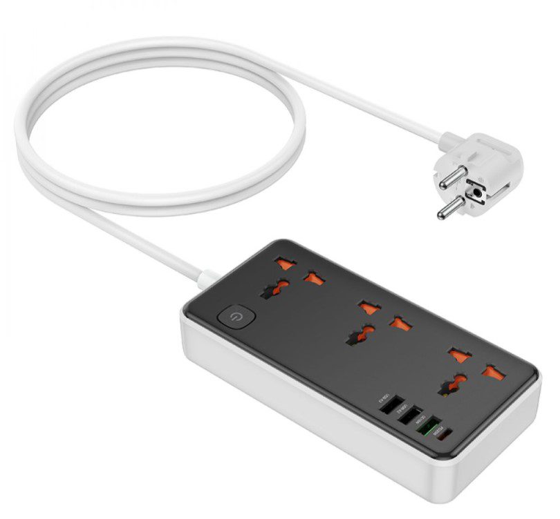 Мережевий фільтр подовжувач Hoco AC8-A 3 розетки + 3 USB+USB-C 30W 220В кабель 15м Black-White - фото 2