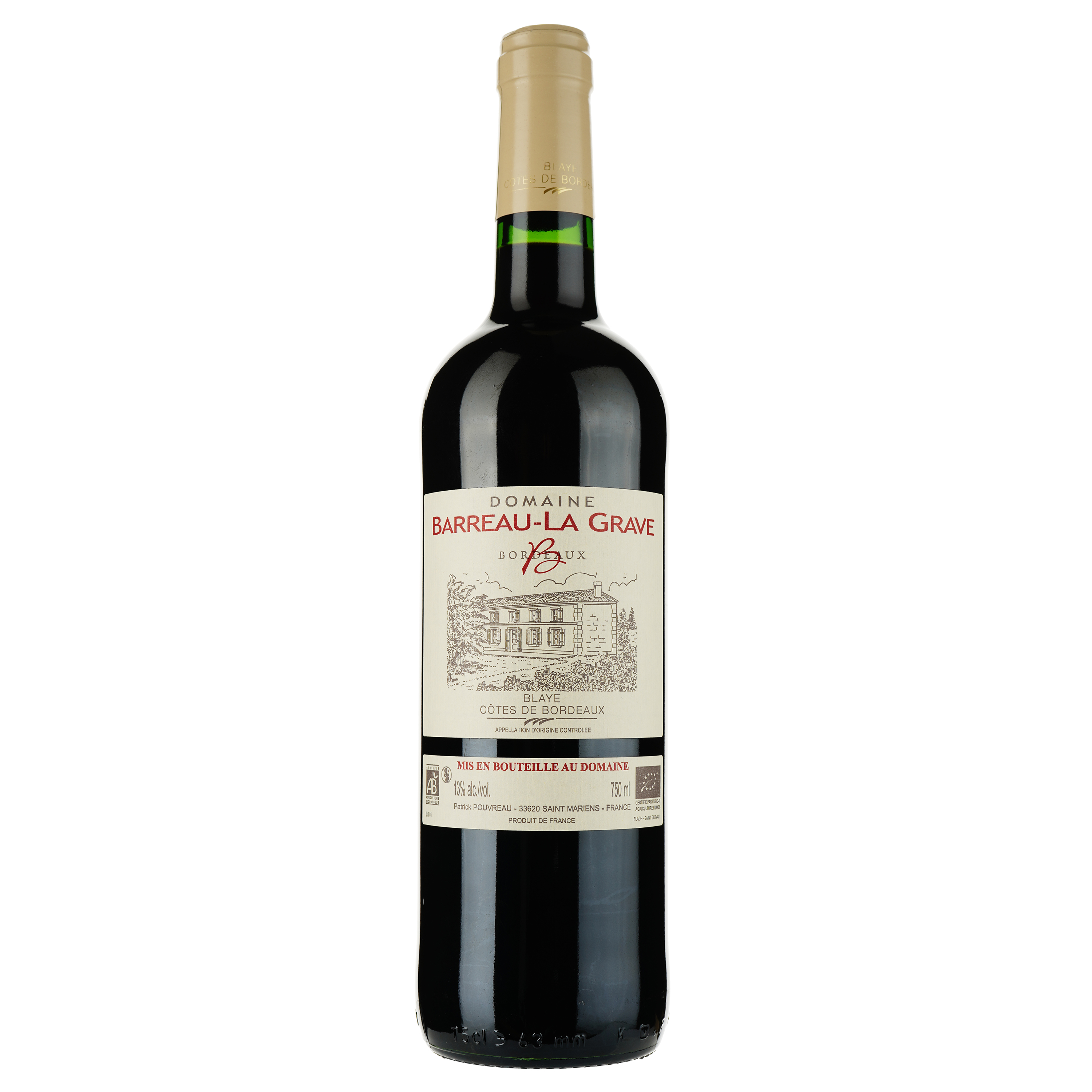 Вино Domaine Barreau la Grave AOP Blaye Cotes de Bordeaux 2020 червоне сухе 0.75 л - фото 1
