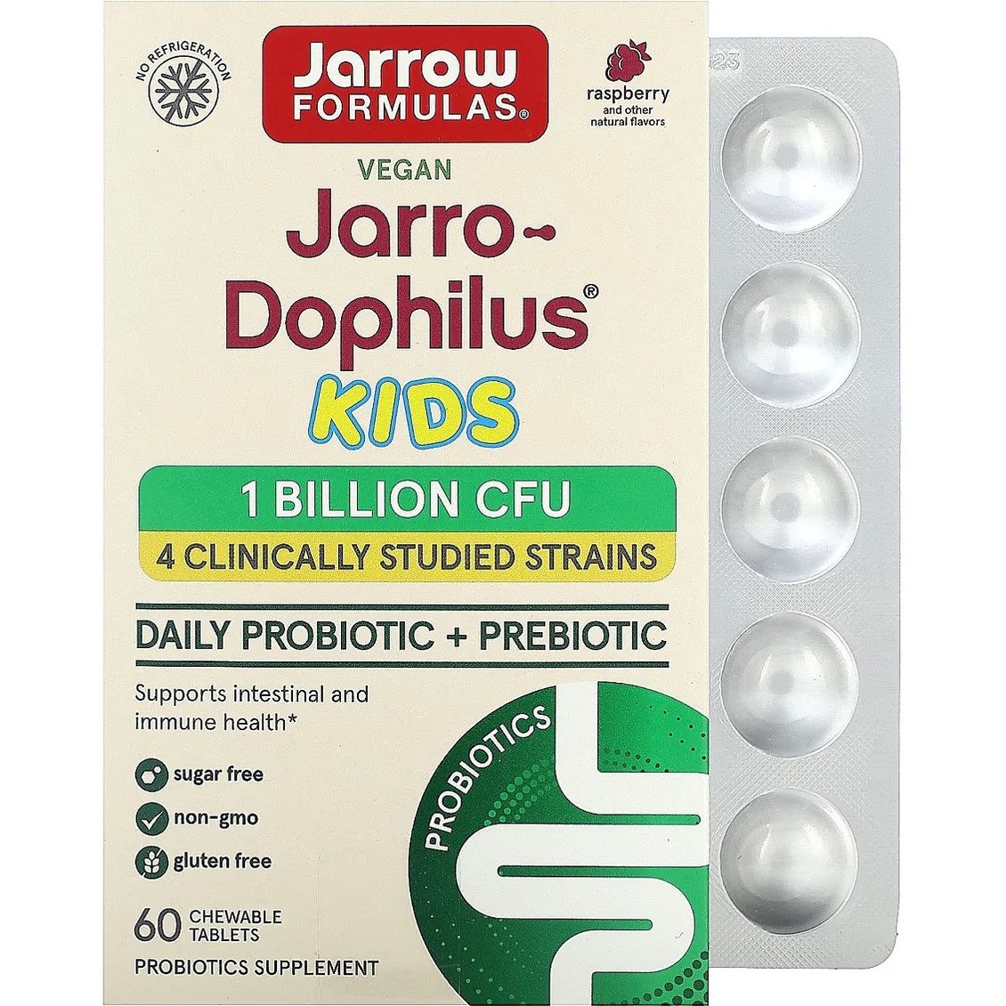 Пробіотики Jarrow Formulas Jarro-Dophilus Kids Probiotic + Prebiotic зі смаком малини 1 млрд 60 жувальних таблеток - фото 1