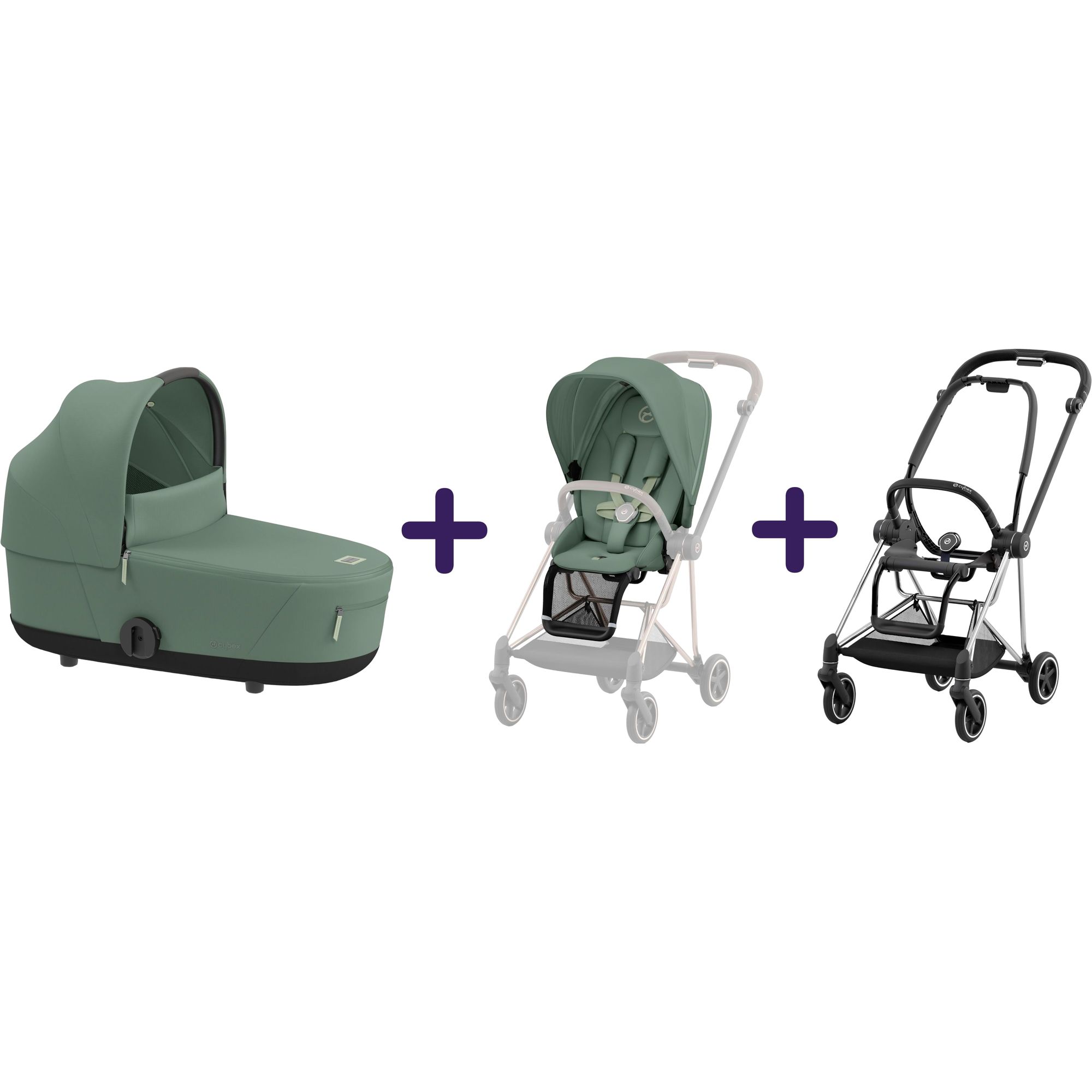 Люлька Cybex Mios Lux Leaf Green + Текстиль для прогулянкового блоку Cybex Mios Leaf Green + Шасі для коляски Cybex Mios LS RBA Chrome Black - фото 1