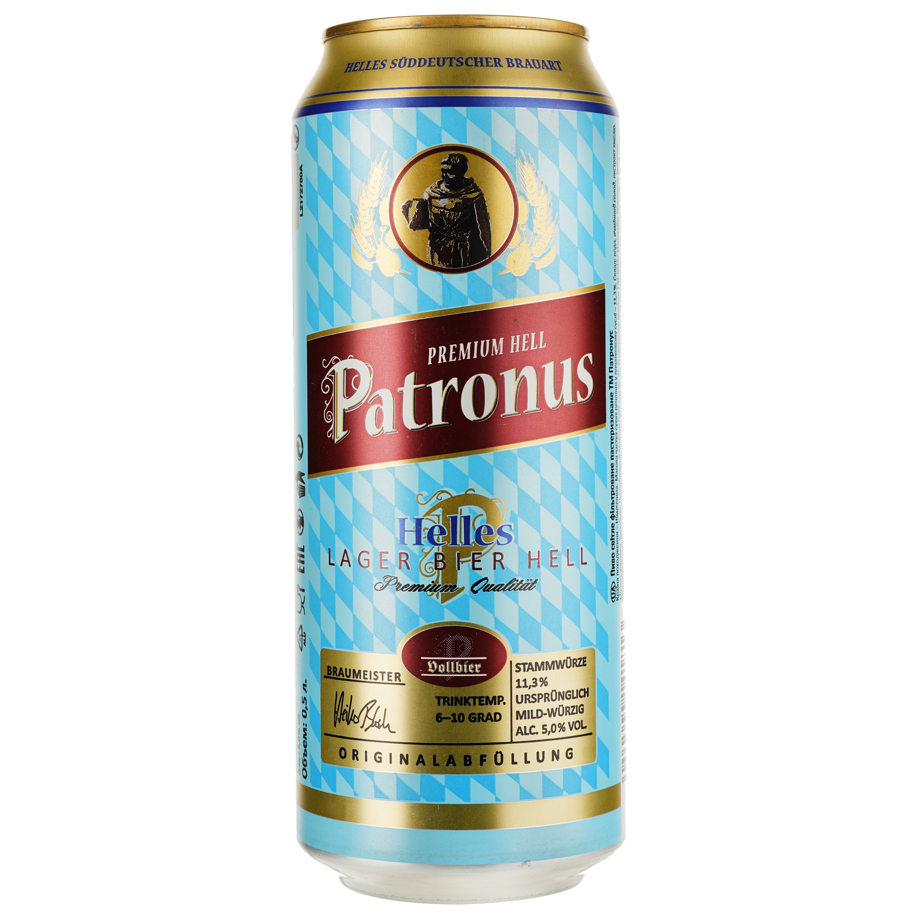 Пиво Patronus Helles Lager, светлое, 5%, ж/б, 0,5 л (875838) - фото 1