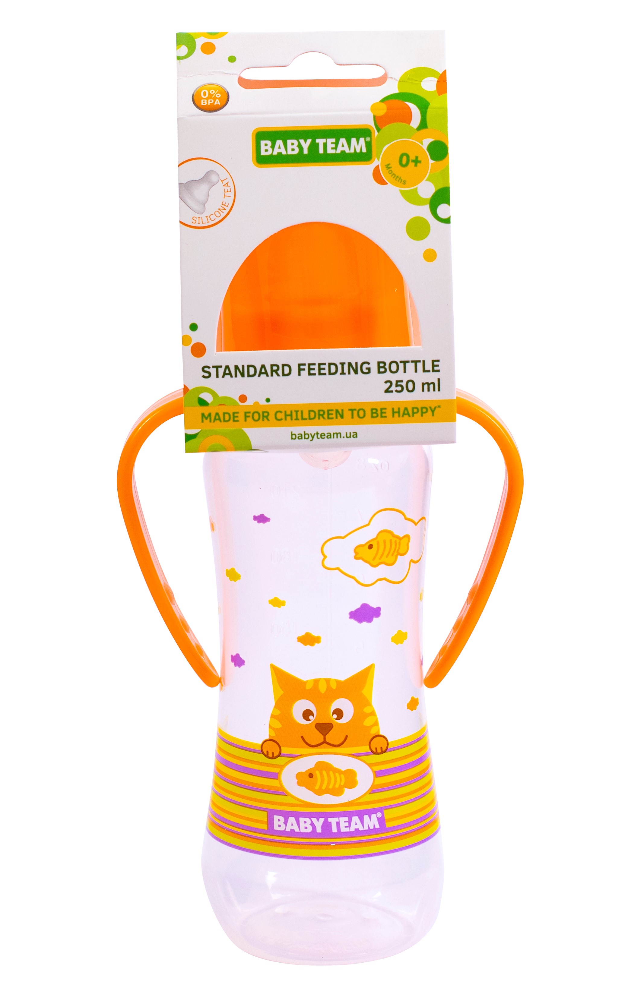 Бутылочка для кормления Baby Team, с ручками и силиконовой соской, 250 мл, оранжевый (1411_оранжевый) - фото 3