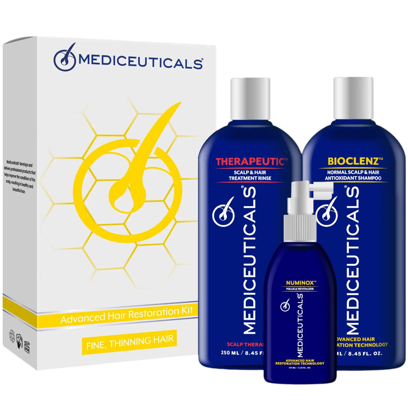 Набор против выпадения и истончения волос у мужчин Mediceuticals Advanced Hair Restoration Kit: Шампунь Bioclenz 250 мл + Кондиционер Therapeutic 250 мл + Сыворотка Numinox 125 мл - фото 1