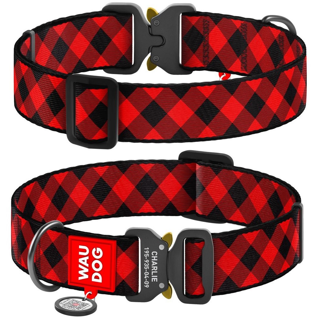 Ошейник для собак Waudog Nylon Шотландка красная, с QR паспортом, металлическая пряжка-фастекс, XXL, 43-70х3,5 см - фото 3