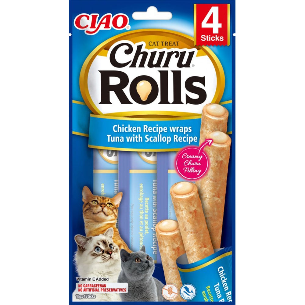 Ласощі для котів Inaba Ciao Churu Rolls з куркою, тунцем та морським гребінцем 40 г (4 шт. х 10 г) - фото 1