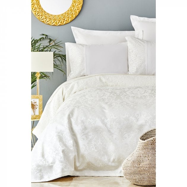 Набор постельное белье с покрывалом пике Karaca Home Janset ekru, евро, молочный, 7 предметов (svt-2000022225755) - фото 1