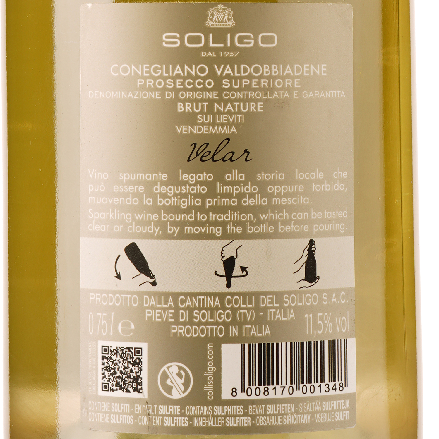 Ігристе вино Soligo Col Fondo Sparkling Prosecco DOCG, біле, нон-дозаж, 11,5%, 0,75 л - фото 3