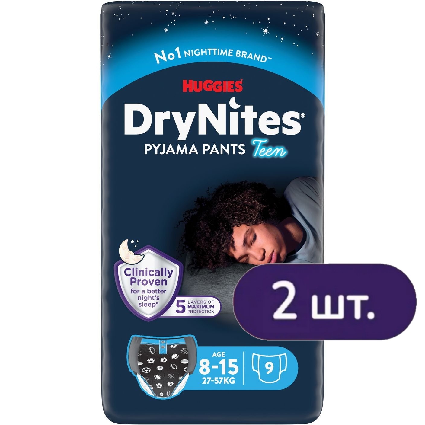 Подгузники-трусики для мальчиков Huggies DryNites (27-57 кг) 18 шт. (2 п. x 9 шт.) - фото 1