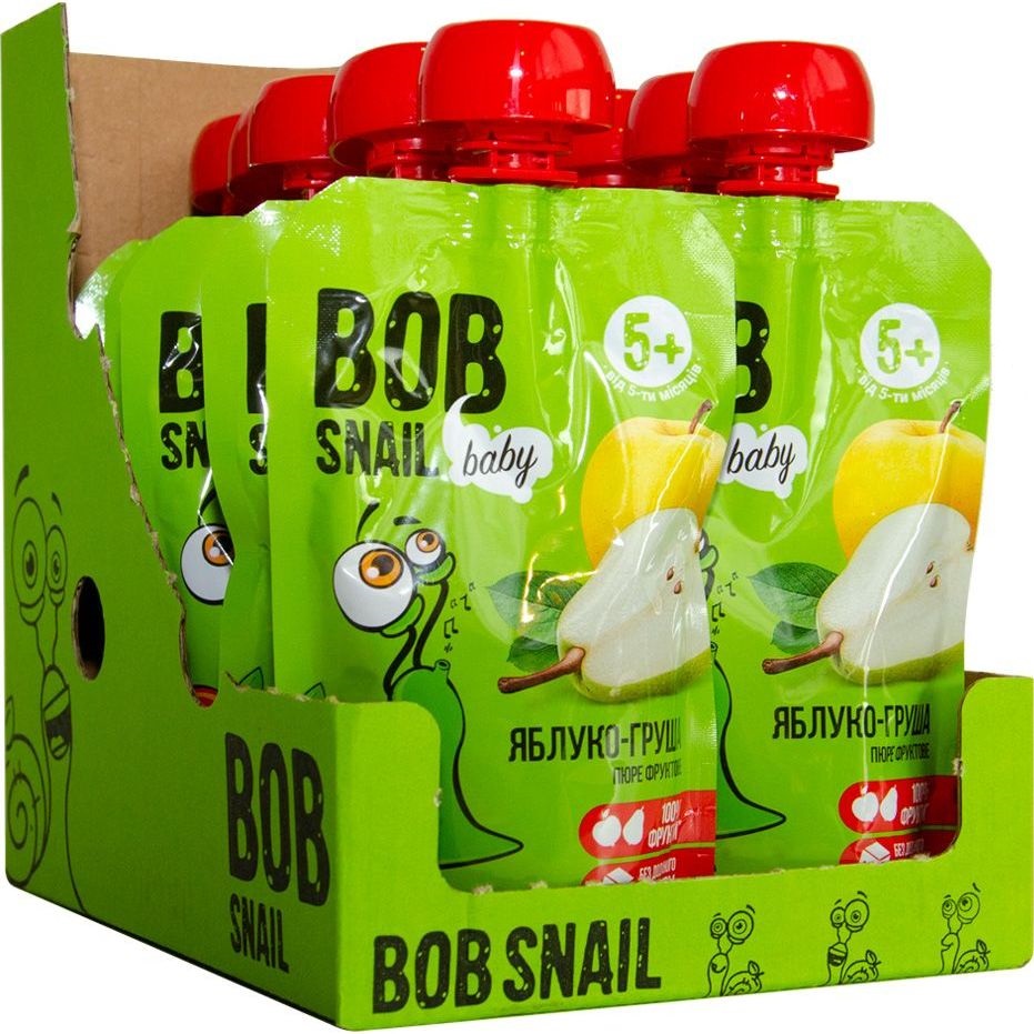 Пюре фруктовое Bob Snail Яблоко-Груша, пастеризованное 900 г (10 шт. по 90 г) - фото 1