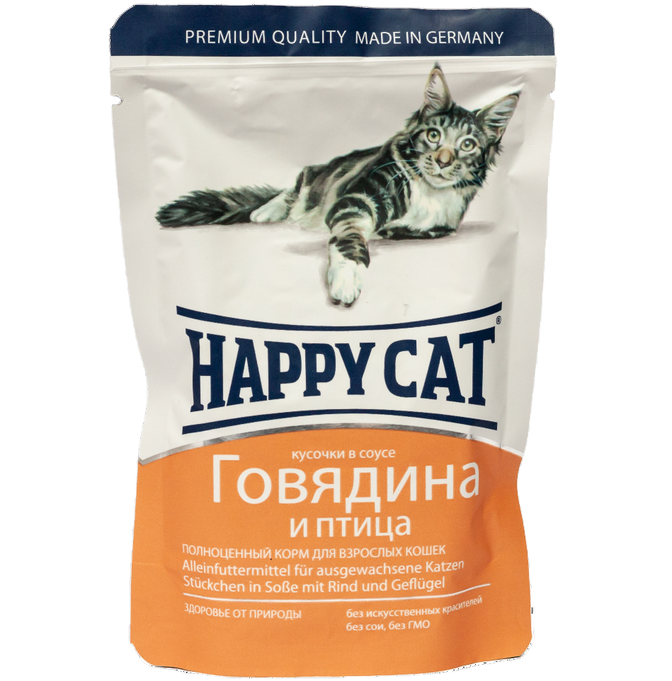 Влажный корм для взрослых кошек Happy Cat Rind Geflugel in Sosse, кусочки в соусе, с говядиной и птицей, 100 г (1002315) - фото 1