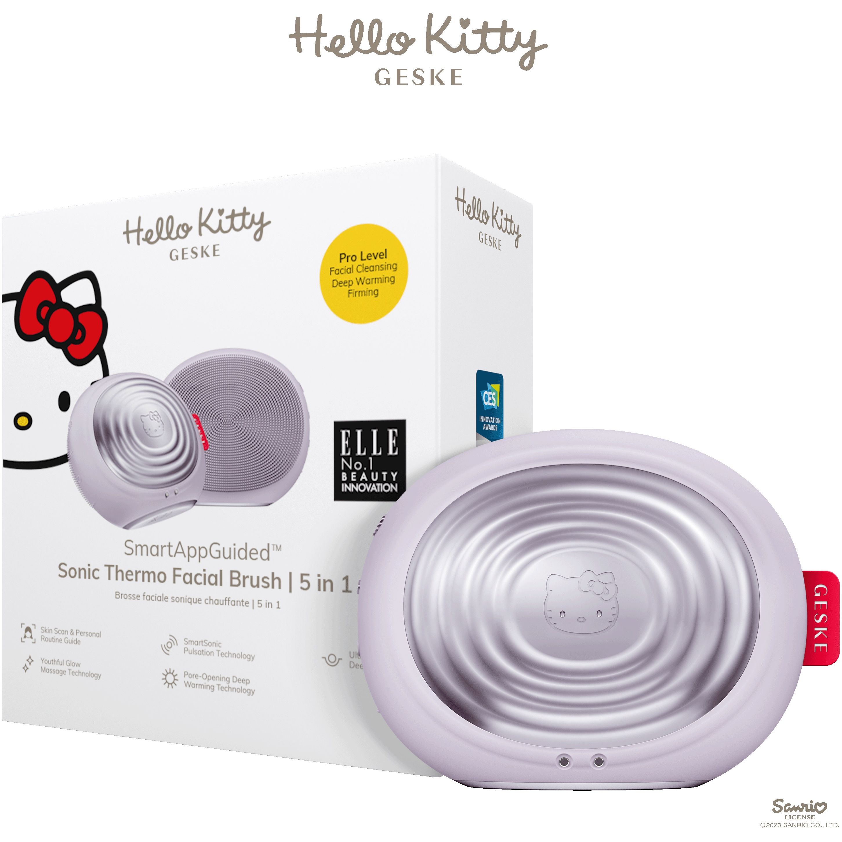 Електронна звукова термо щітка для обличчя GESKE Sonic Thermo Facial Brush 5 в 1 by Hello Kitty фіолетова - фото 1