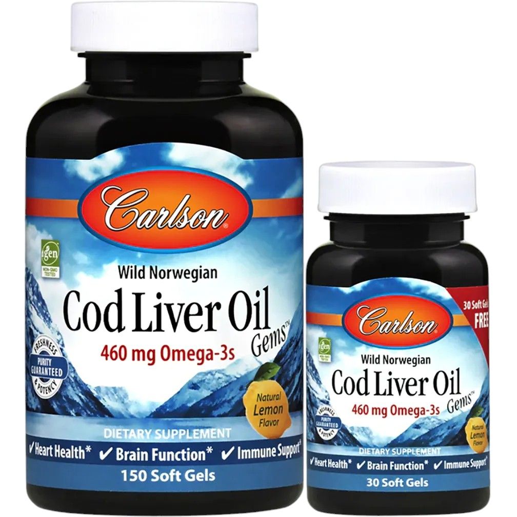 Жир из печени трески Carlson Cod Liver Oil Lemon вкус лимона 150+30 желатиновых капсул - фото 1