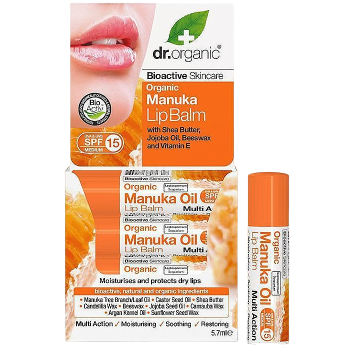 Бальзам для губ с экстрактом меда Dr. Organic Bioactive Skincare Manuka Honey Lip Balm SPF15, 5.7 мл - фото 1