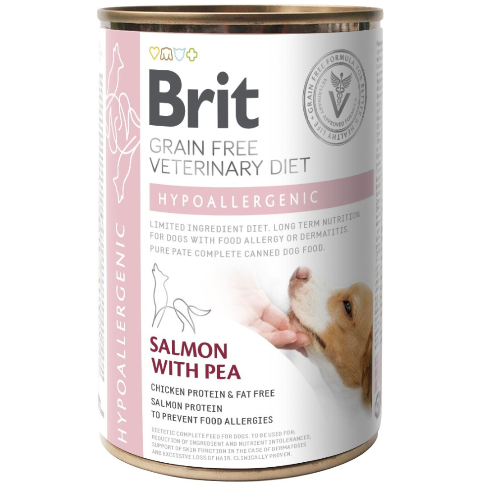 Влажный корм для собак Brit Grain Free Veterinary Diet Hypoallergenic при пищевой аллергии с лососем и горошком 400 г - фото 1