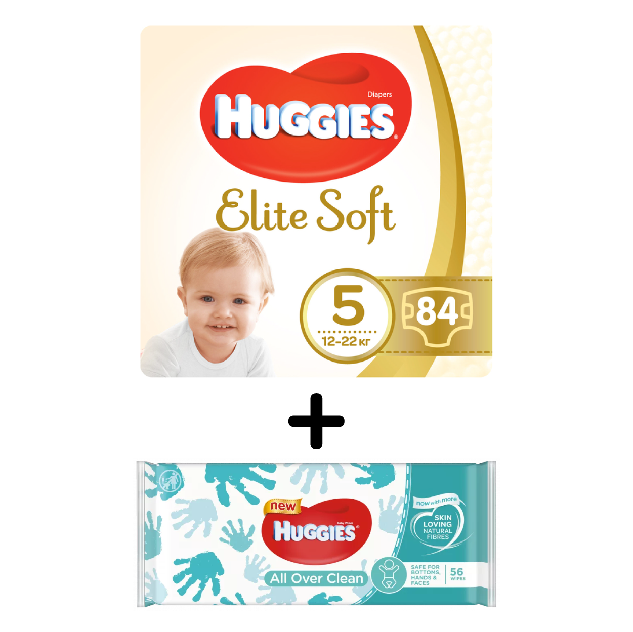 Набор Huggies: Подгузники Huggies Elite Soft 5 (12-22 кг), 84 шт. + Влажные салфетки Huggies All Over Clean, 56 шт. - фото 1