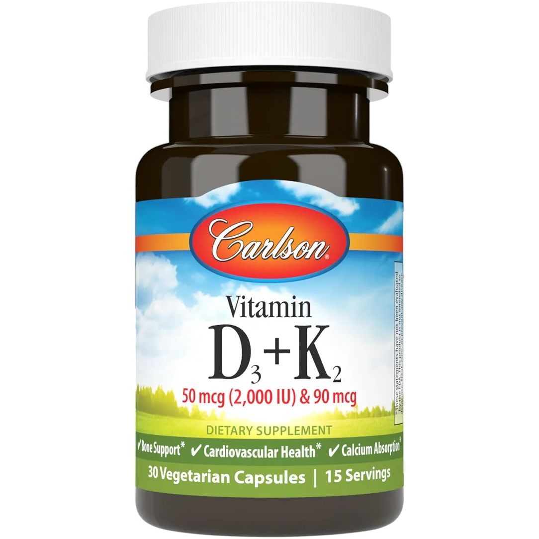 Витамин D3+K2 Carlson Vitamin D3+K2 2000 МЕ 90 мкг 30 вегетарианских капсул - фото 1