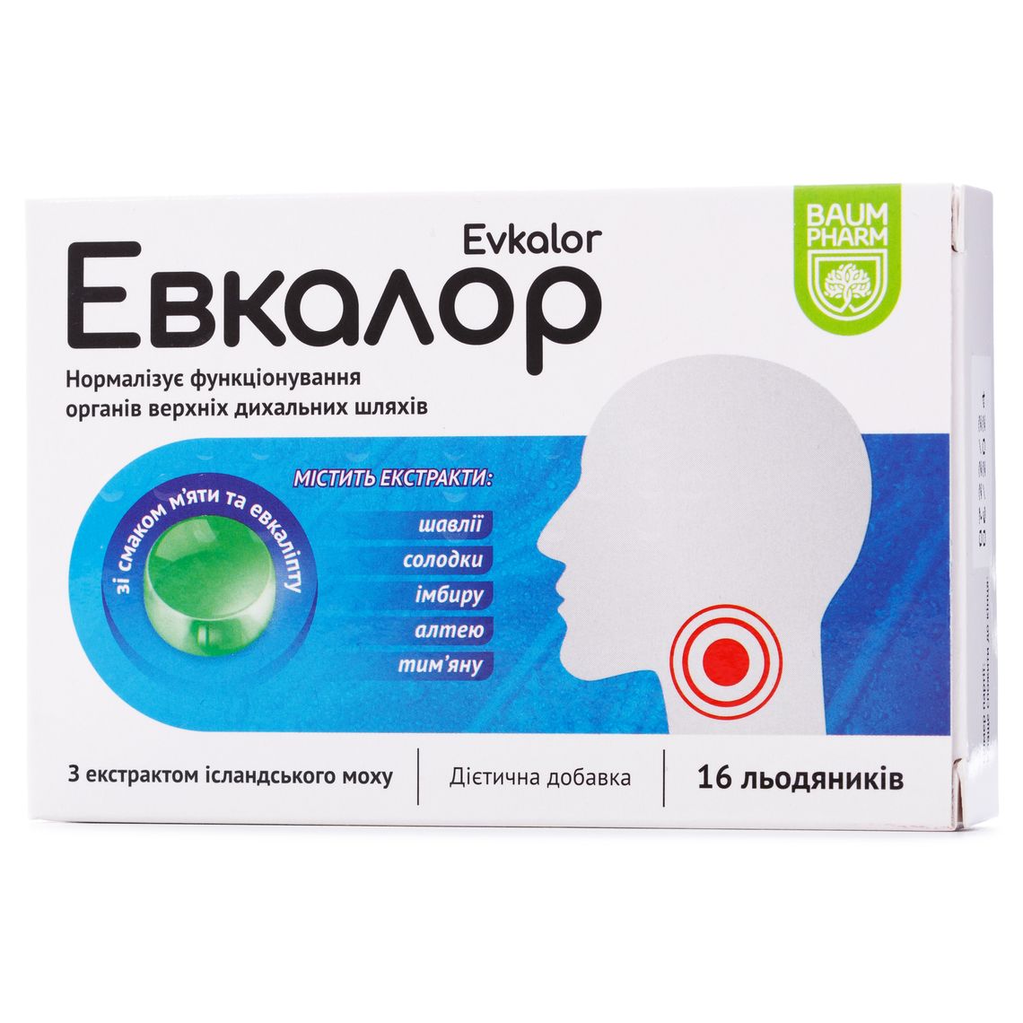 Евкалор натуральна добавка Baum Pharm М'ята-евкаліпт 16 льодяників - фото 1