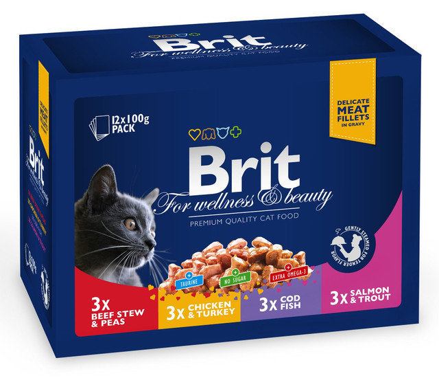 Набір паучів Brit Premium Cat, м'ясна тарілка асорті 4 смаки, 100 г, 12 шт. - фото 1