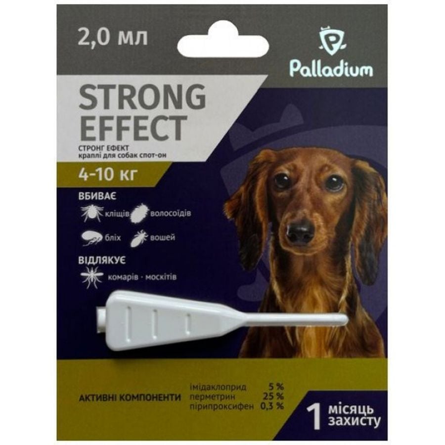 Капли на холку Palladium Strong Effect от блох, клещей и комаров для собак 4 - 10 кг 1 пипетка 2 мл - фото 1