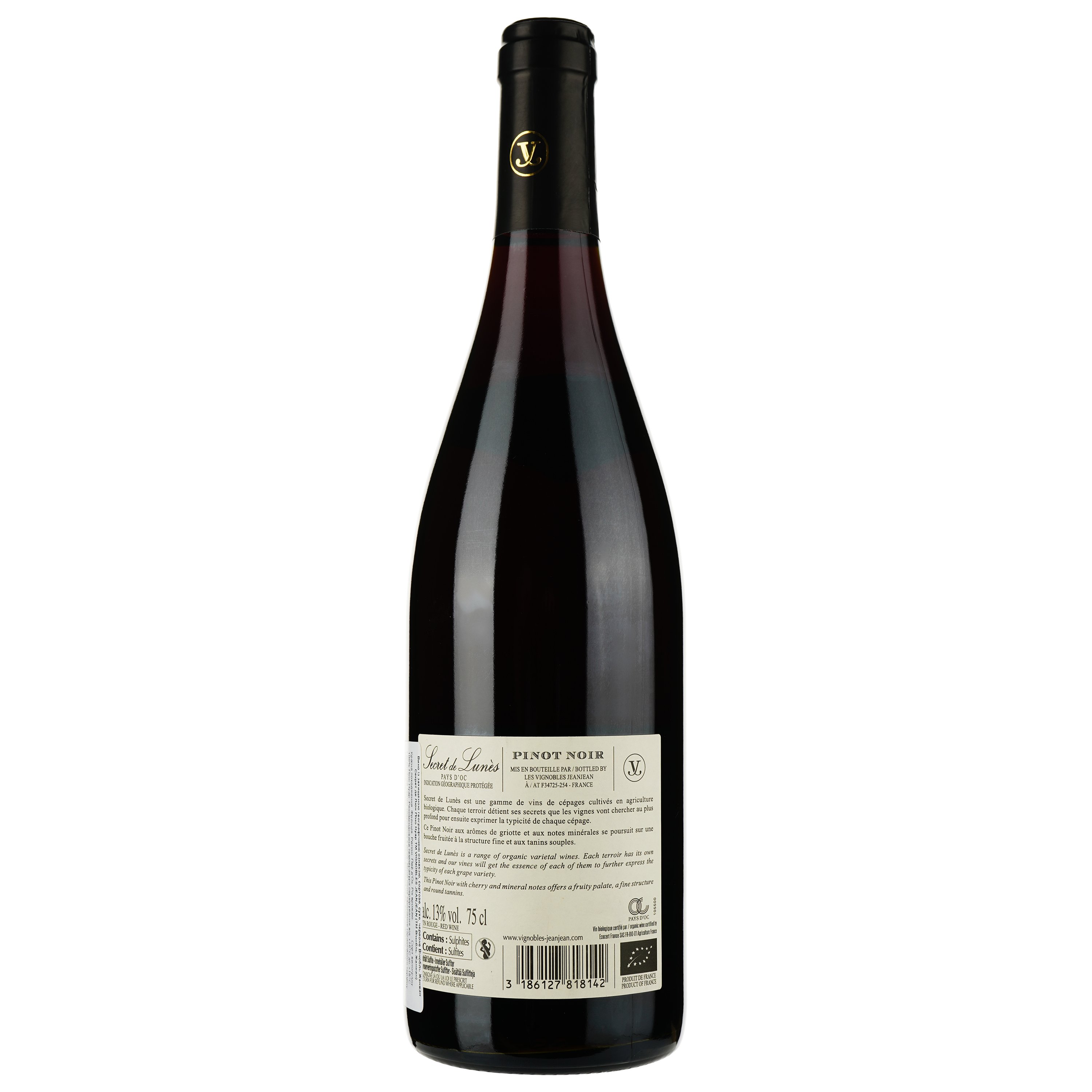 Вино Vignobles Jeanjean Vin De Pays D'oc Secret de Lunes Pinot Noir Bio 2022 червоне сухе 0.75 л - фото 2