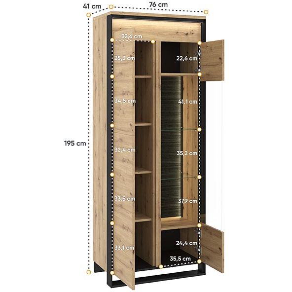 Вітрина висока Lenart Квант дуб артизан/чорний з підсвіткою 76x41x196 см - фото 2