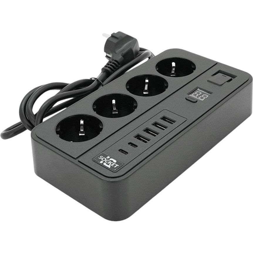 Мережевий фільтр-подовжувач Voltronic G-13H 3000W 4 Socket + 4 USB 3.2 А + 2 Type-C + таймер 2 м Black - фото 1