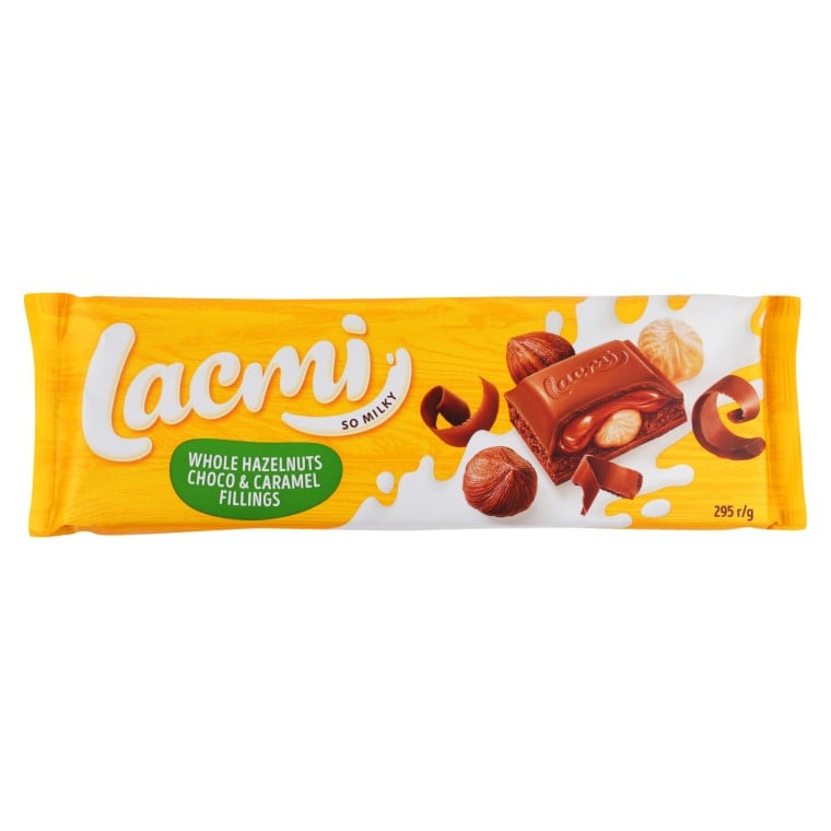 Шоколад молочний Roshen Lacmi з цілими лісовими горіхами та шоколадно-карамельною начинкою, 295 г (821376) - фото 1