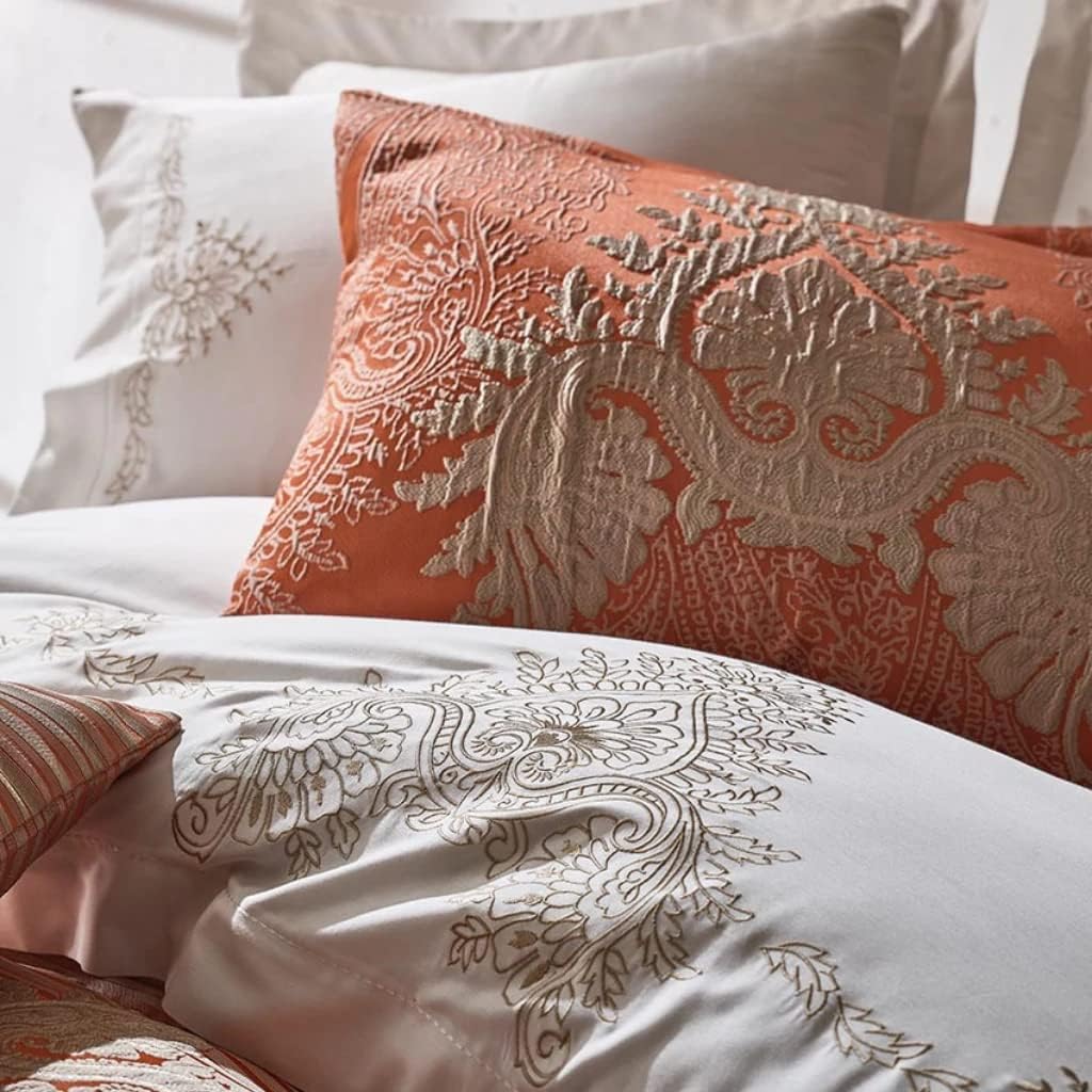 Комплект постельного белья Dantela Vita Elenor с вышивкой и жаккардовым покрывалом евро бело-оранжевый (svt-2000022328586) - фото 2