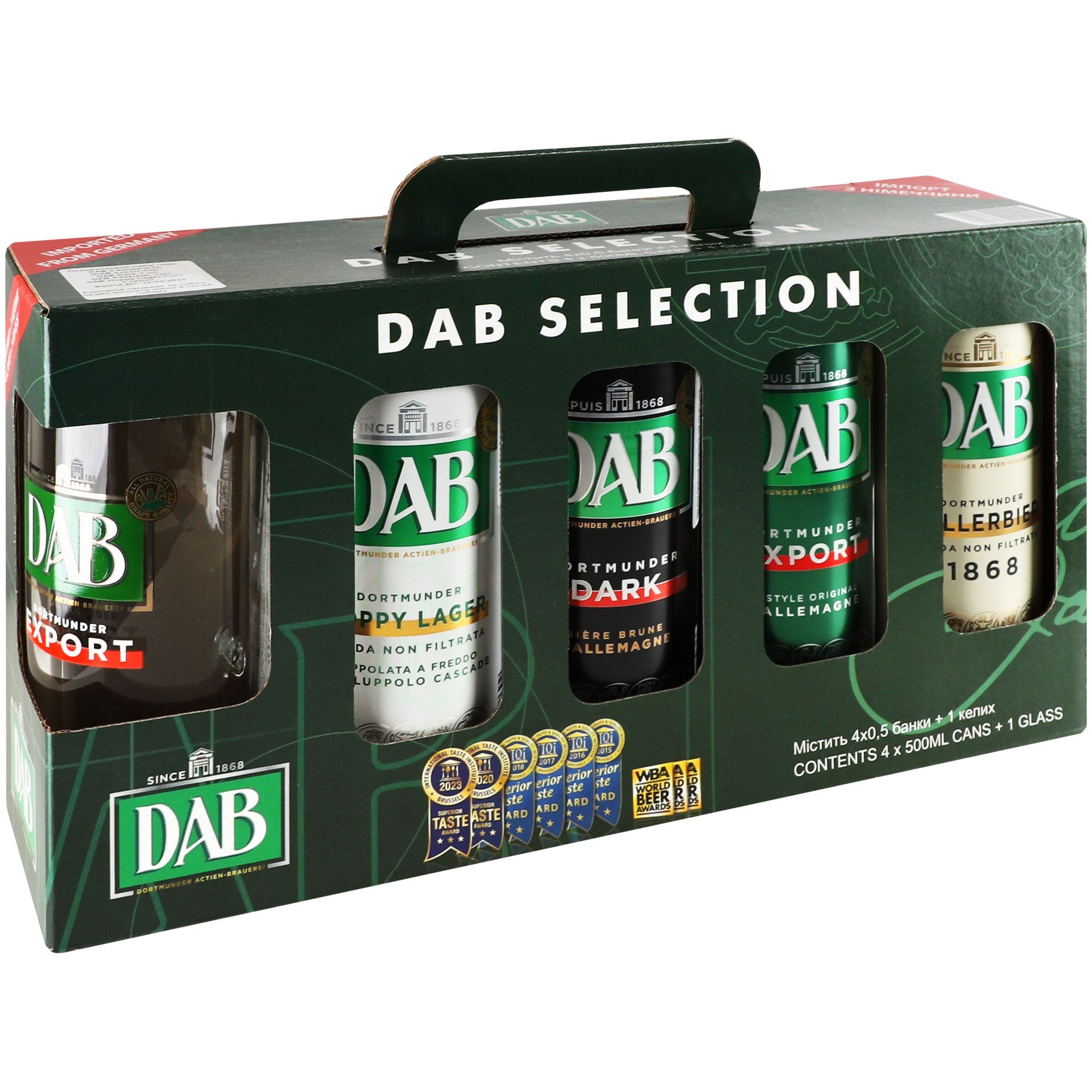 Набір: пиво DAB export 0.5 л + DAB темне 0.5 л + DAB kellerbier 0.5 л + DAB Hoppy Lager 0.5 л + келих - фото 1