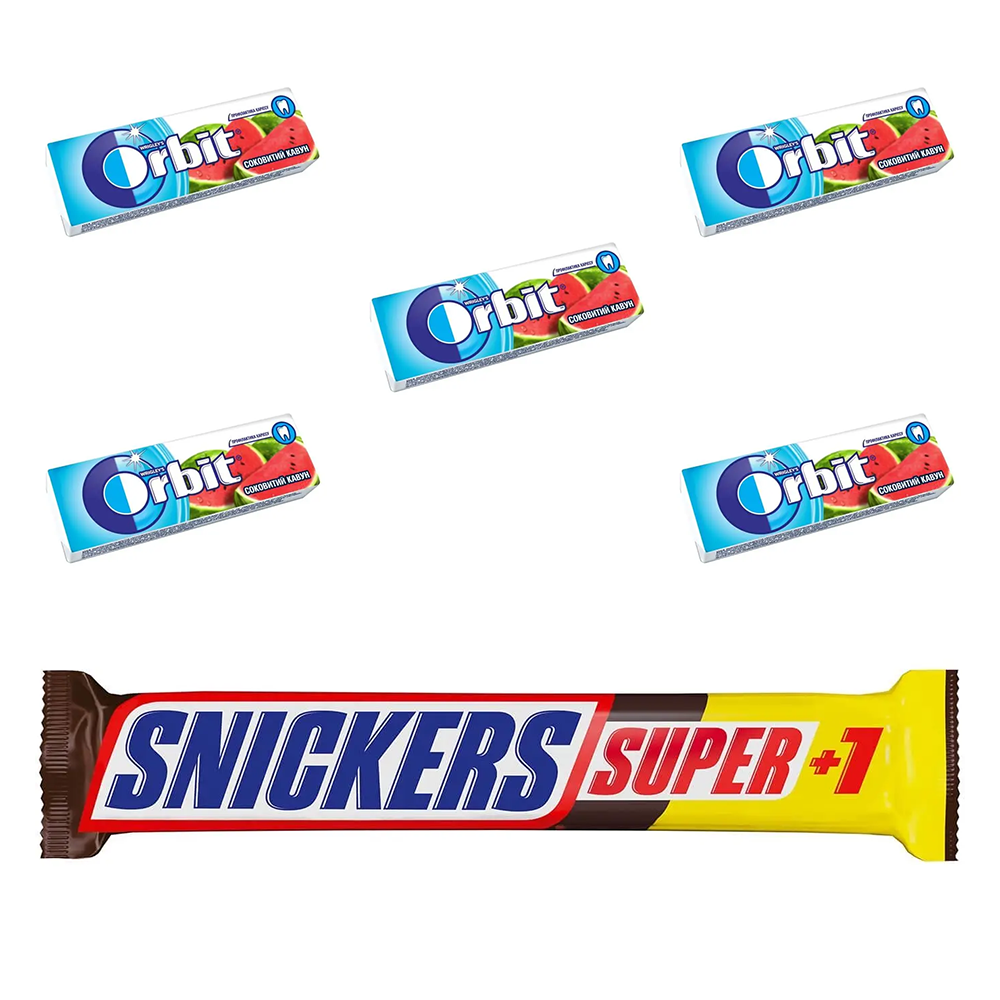Набір: батончик Snickers Super +1 з арахісом 112 г + гумка жувальна Orbit Соковитий кавун 14 г 5 шт. - фото 1