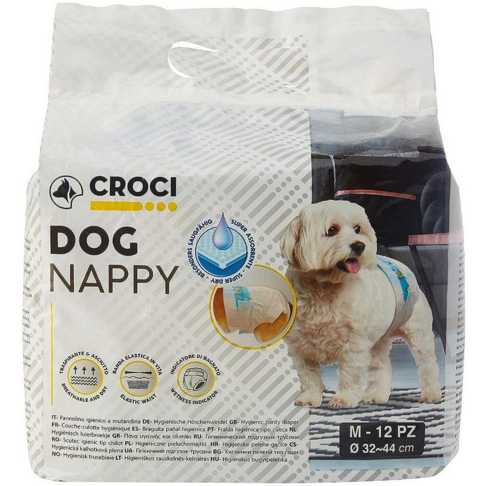 Супервпитывающие подгузники для собак Croci Dog Nappy с эластичной лентой M вес 3-6 кг 32-44 см 12 шт. - фото 1