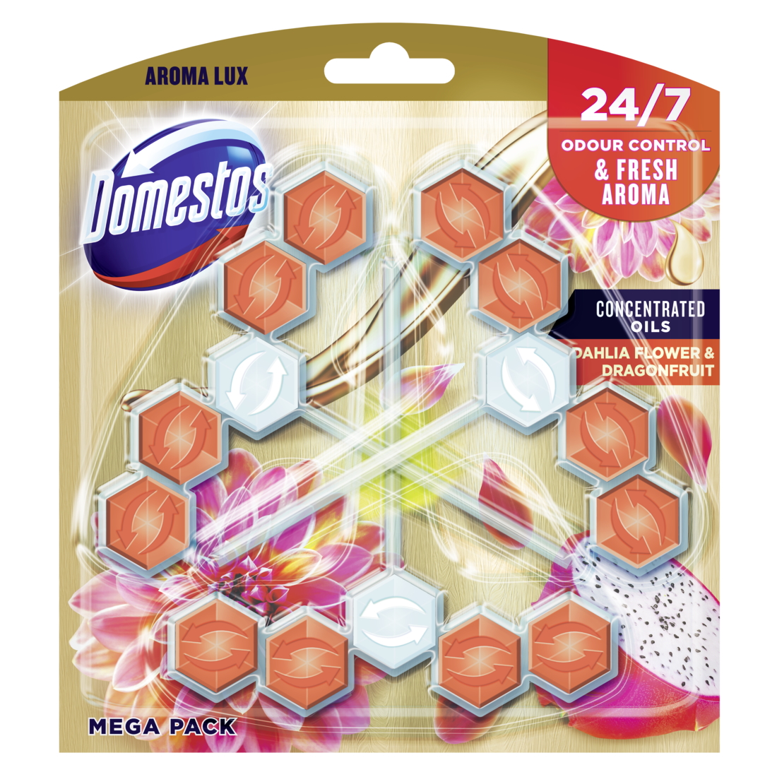 Блоки для чистки унитаза Domestos Aroma Lux Dahlia Flower&Dragon Fruit, 165 г (3 шт по 55 г) - фото 1