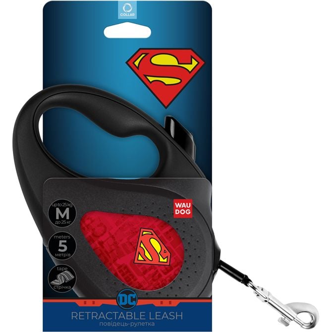 Поводок-рулетка для собак Waudog R-leash Супермен Лого Красный, светоотражающий, M, до 25 кг, 5 м, черный - фото 3