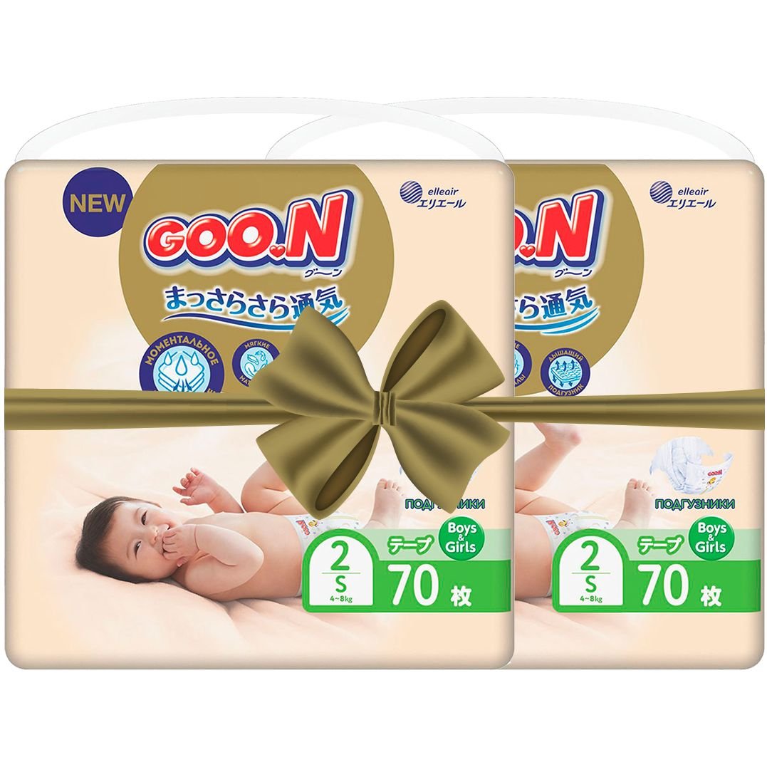 Подгузники на липучках Goo.N Premium Soft 2 (4-8 кг), 140 шт. (2 уп. х 70 шт.) - фото 1