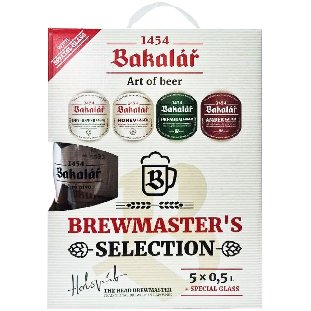 Набор: пиво Bakalar Honey lager 0.5+ Bakalar Dry hopped lager 0.5 л + Bakalar amber lager 0.5 л + Bakalar premium (2 шт. х 0.5 л = 1 л) + бокал 0.3 л - фото 1