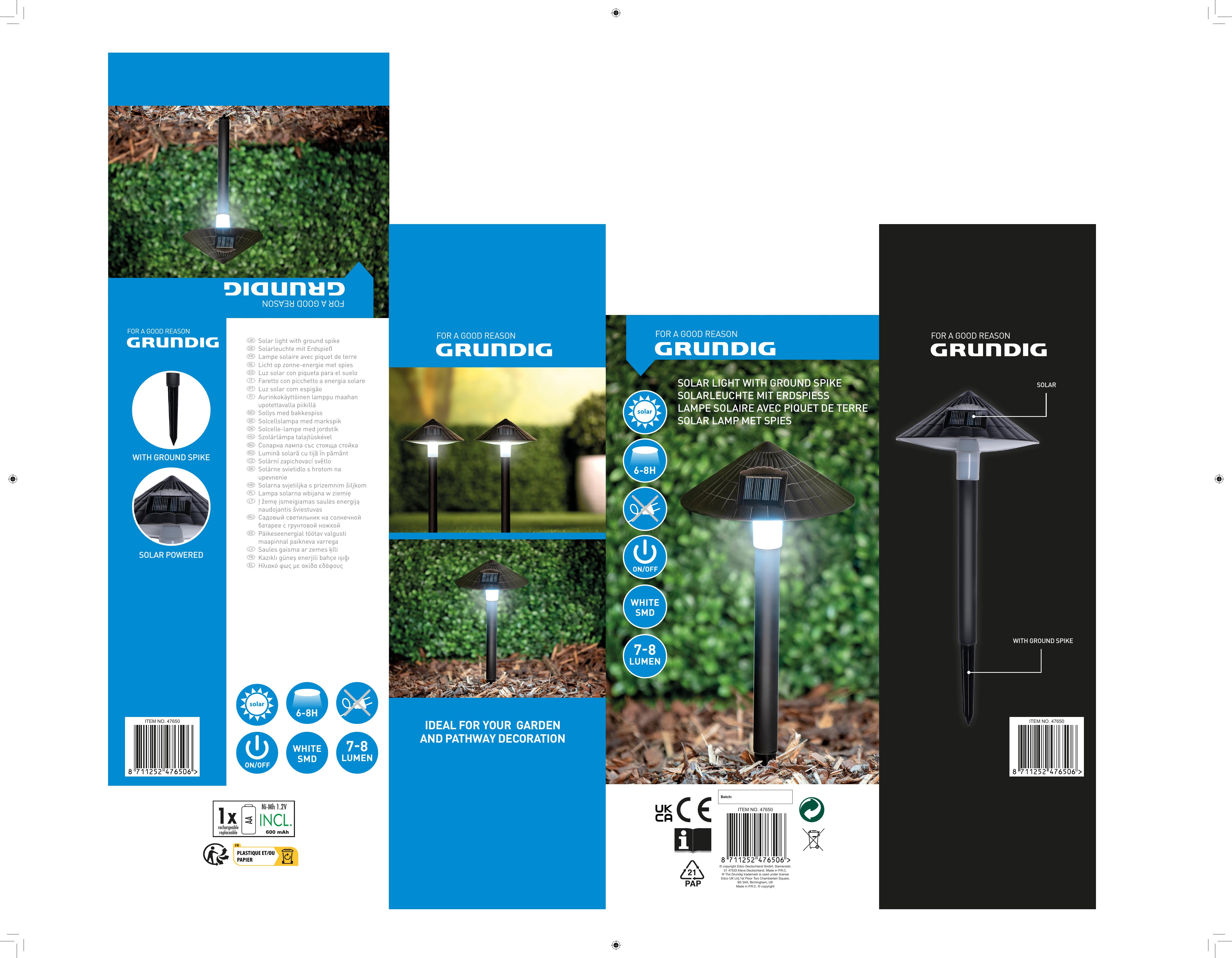 Садовый светильник Grundig на солнечной батарее 15x37.5 см в ассортименте - фото 2