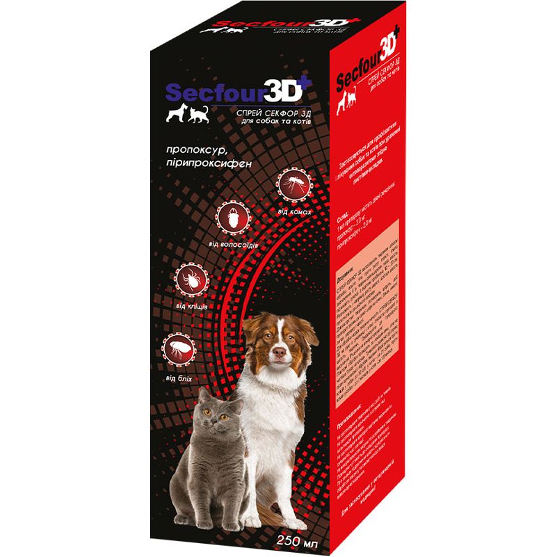 Спрей против блох и клещей Fipromax Secfour 3D для кошек и собак, 250 мл - фото 1