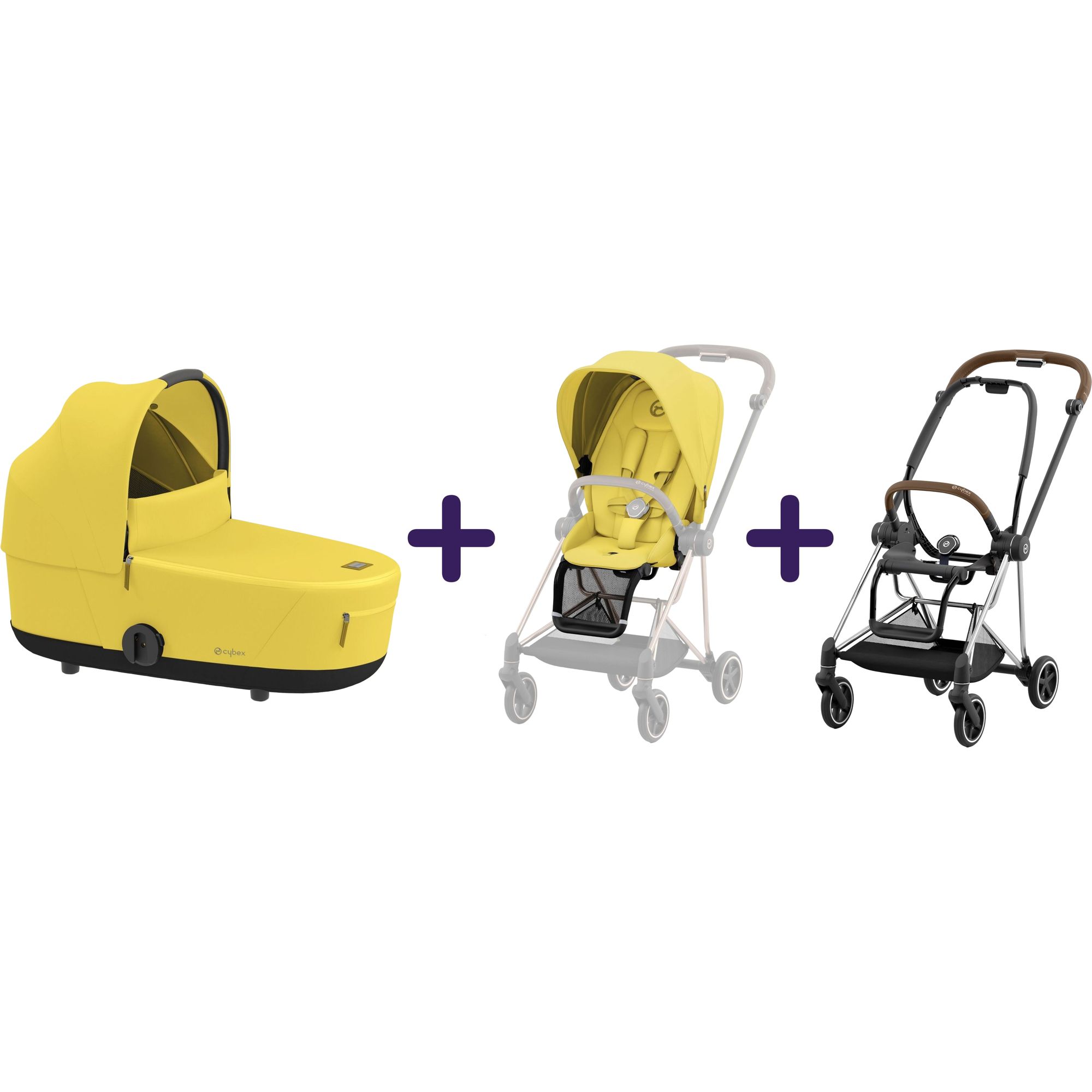 Люлька Cybex Mios Lux Mustard Yellow + Комплект текстиля для прогулочного блока Cybex Mios Mustard Yellow + Шасси для коляски Cybex Mios LS RBA Chrome Brown - фото 1