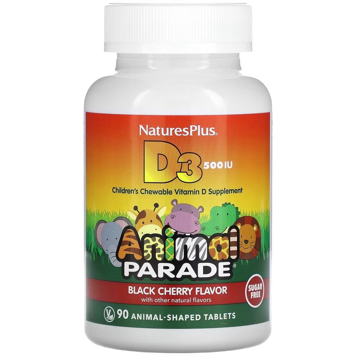 Витамин D3 для детей NaturesPlus Animal Parade Черная вишня без сахара 90 жевательных таблеток - фото 1