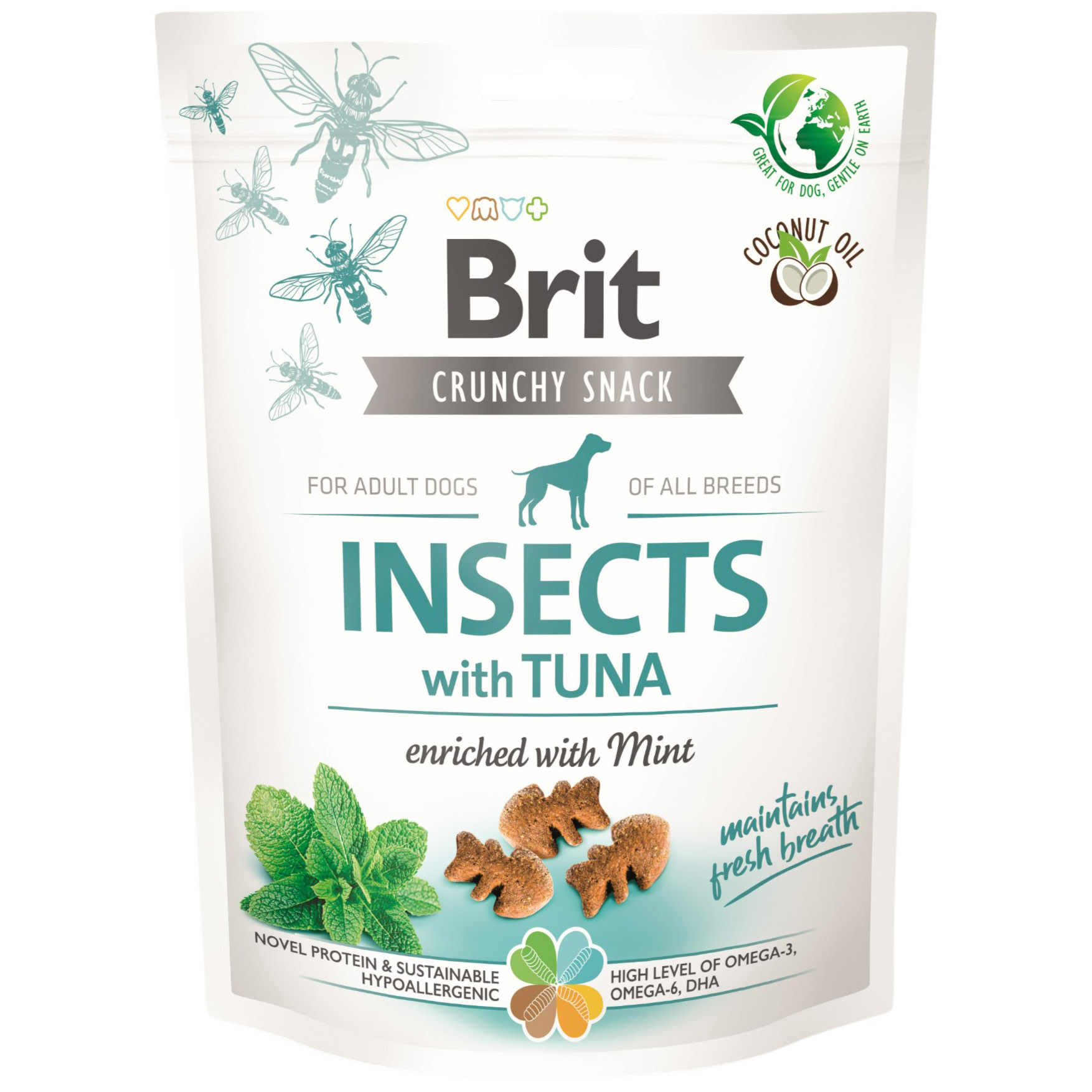 Лакомство для собак Brit Care Dog Crunchy Snack Insects Tuna для свежести дыхания, насекомые, тунец, мята 200 г - фото 1