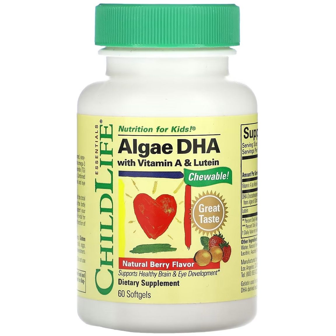 DHA для детей ChildLife Algae DHA with Vitamin A & Lutein со вкусом ягод 60 шт. (CDL16550) - фото 1