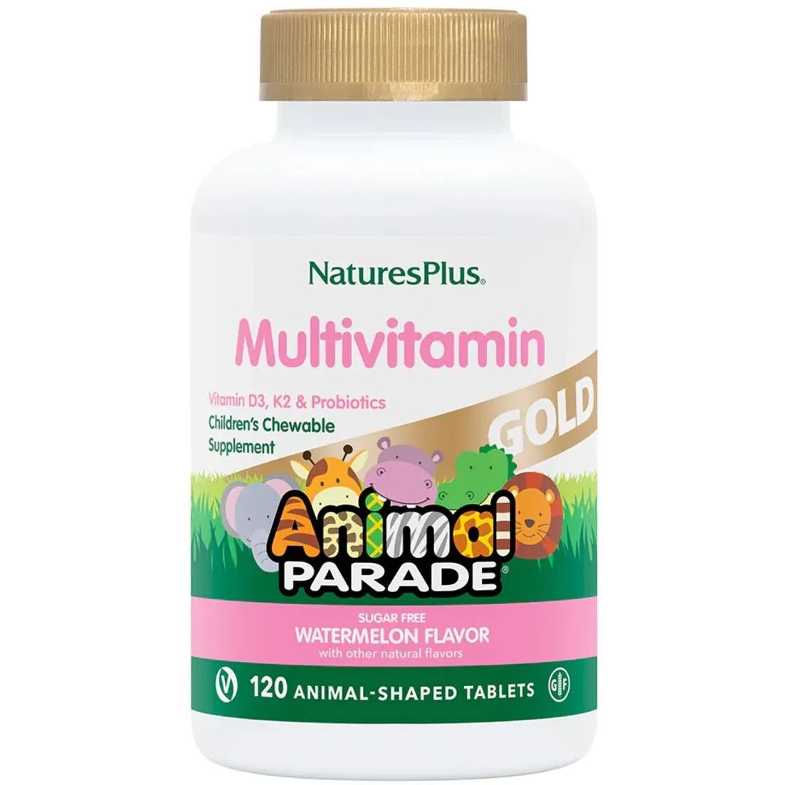 Мультивитамины для детей NaturesPlus Animal Parade Gold Арбуз 120 жевательных таблеток - фото 1