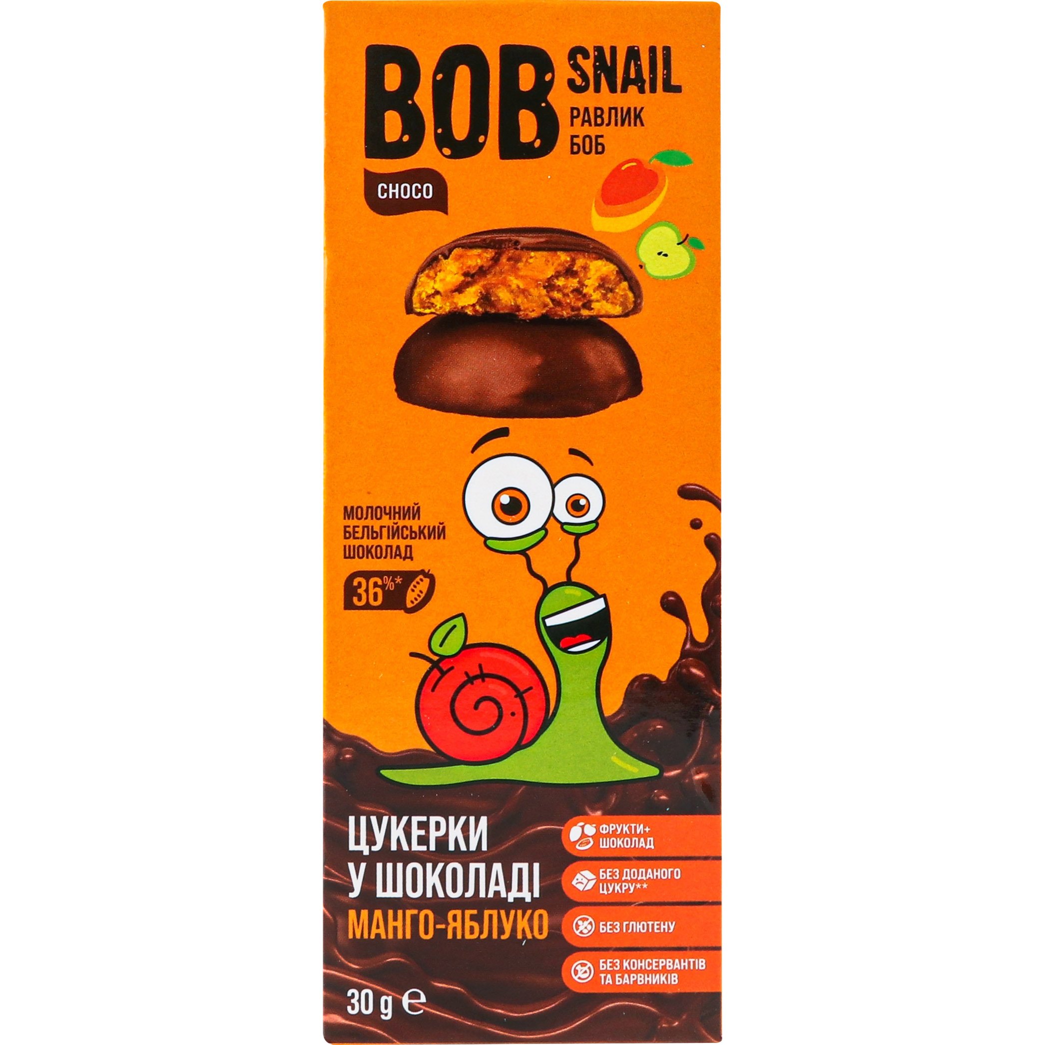 Натуральні цукерки Bob Snail Манго-Яблуко, в молочному шоколаді, 30 г - фото 1