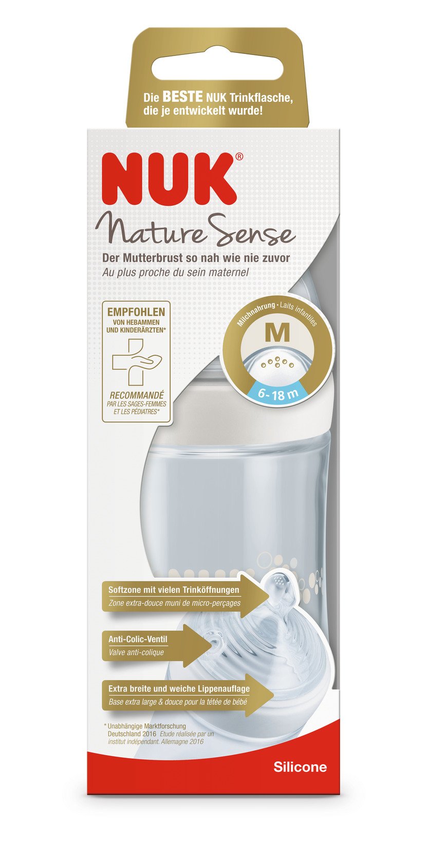 Пляшечка Nuk Nature Sense, з широким горлечком, з силіконовою соскою, 6-18 міс., 260 мл, білий (3952538) - фото 4