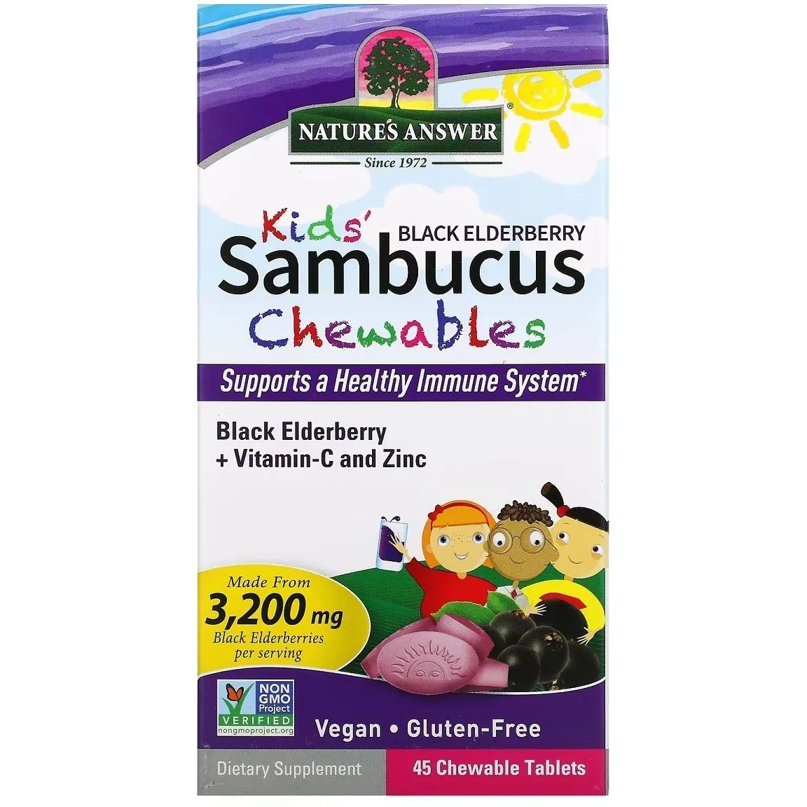 Черная бузина для детей Nature's Answer Kid's Sambucus Chewables Black Elderberry + Vitamin C and Zinc 45 жевательных таблеток - фото 2