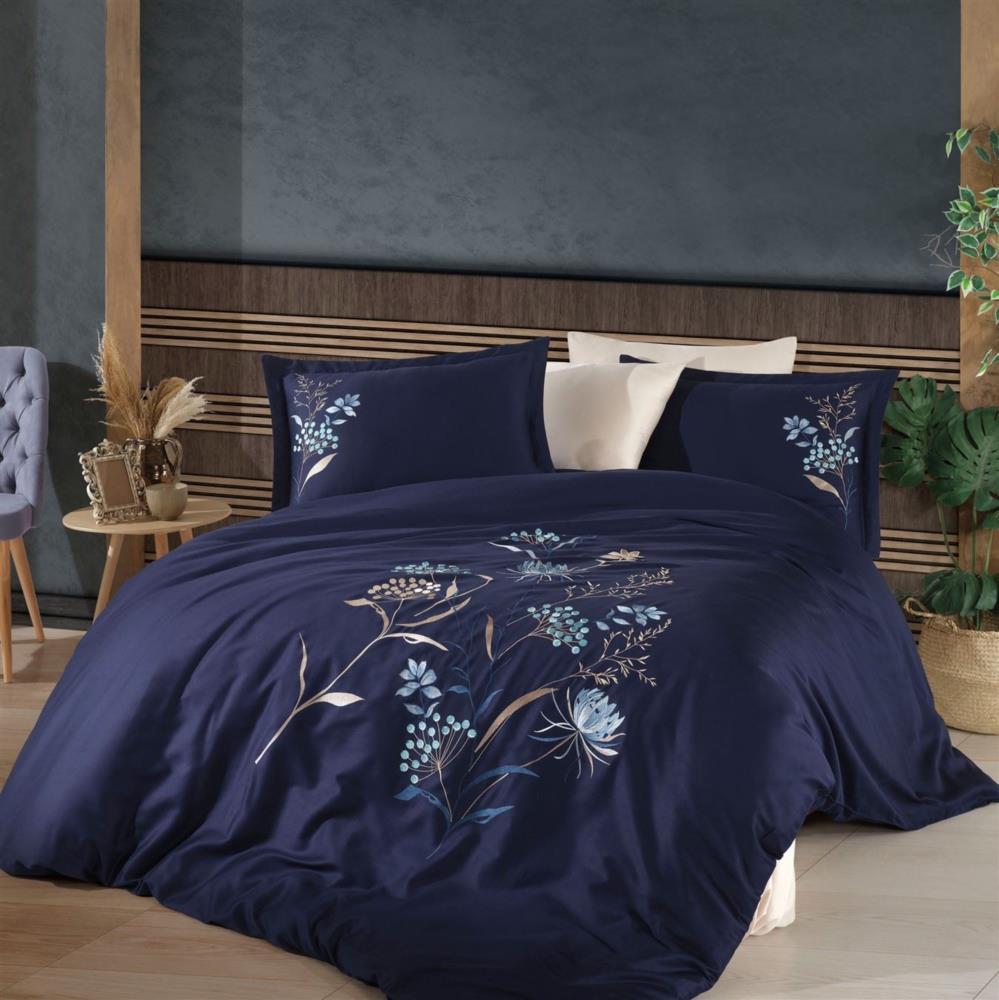 Комплект постельного белья Dantela Vita Nilufer lacivert сатин с вышивкой евро синий (svt-2000022307895) - фото 1