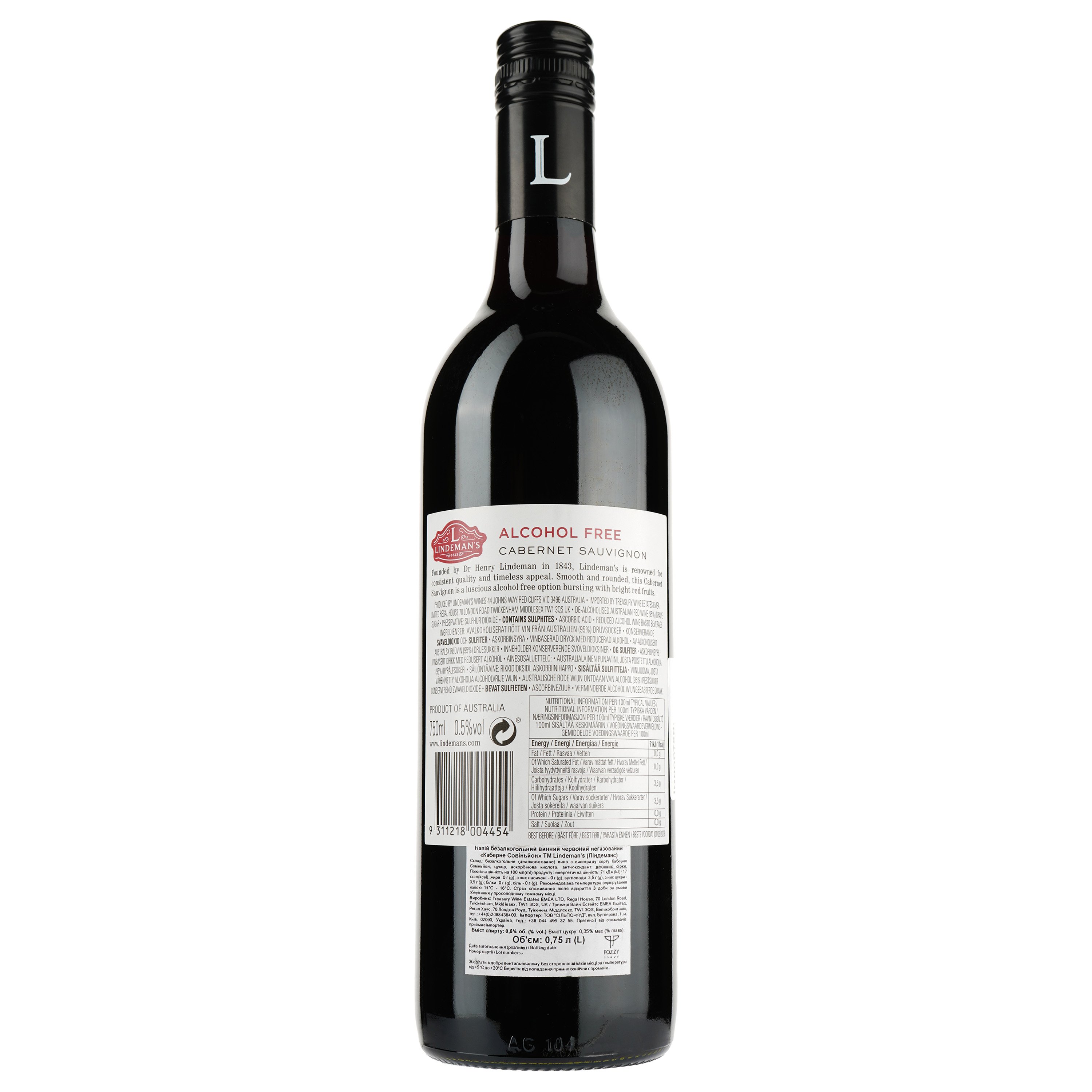 Вино Lindeman's Cabernet Sauvignon, безалкогольне, червоне, напівсолодке, 0,75 л - фото 2
