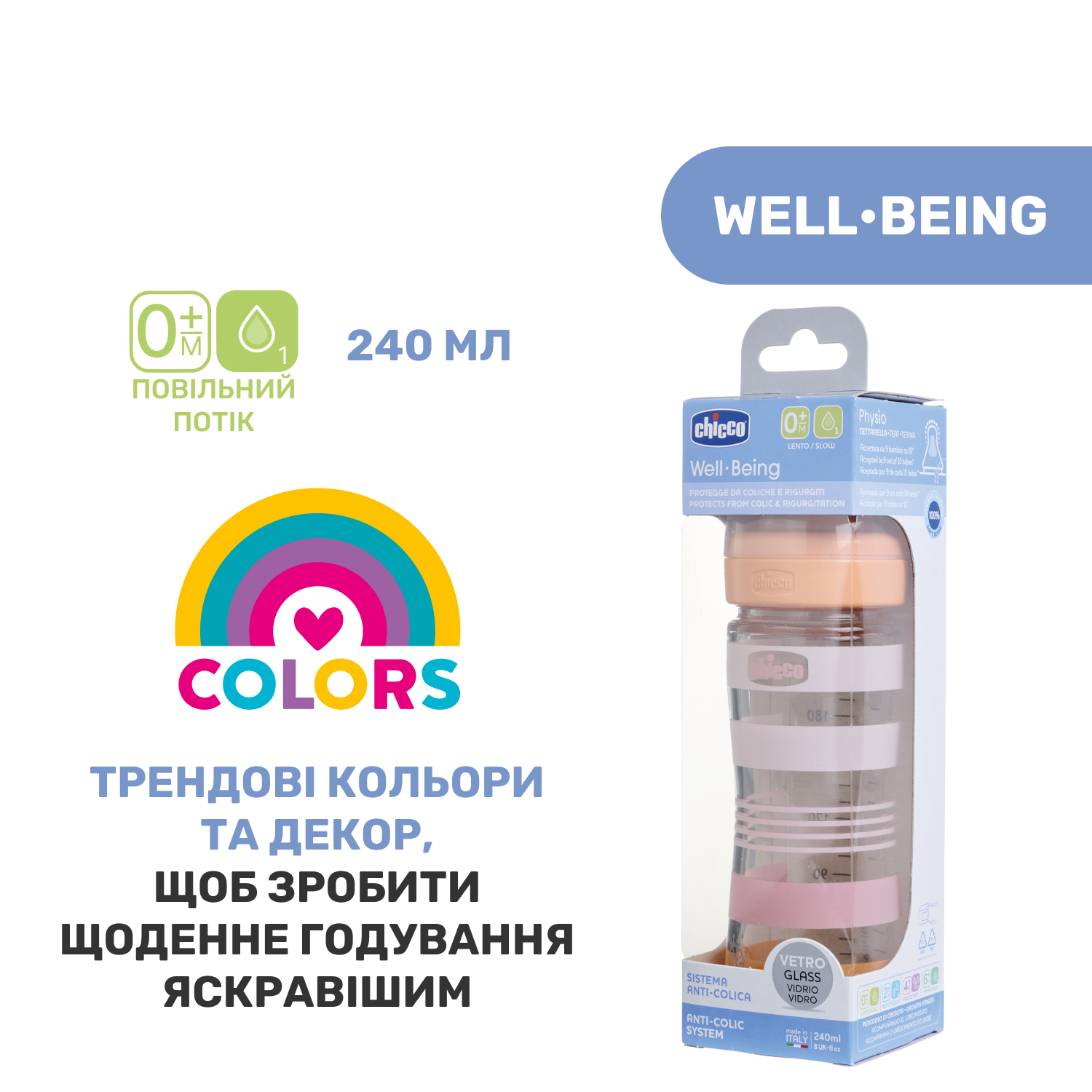 Пляшечка для годування Chicco Well-Being Colors, з силіконовою соскою 0м+, 240 мл, рожева (28721.11) - фото 8