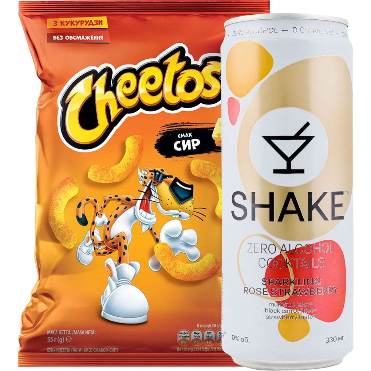 Набор: палочки кукурузные Cheetos со вкусом сыра 55 г + напиток сокосодержащий Shake Sparkling Strawberry безалкогольный сильногазированный ж/б 0.33 л - фото 1